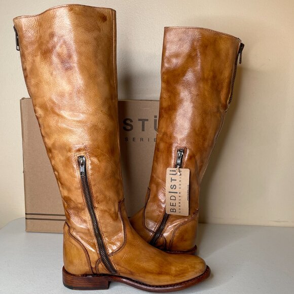 BED STU Tess Tan Rustic Leather Tall Riding Boots BedStu Size 7 - Picture 3 of 16